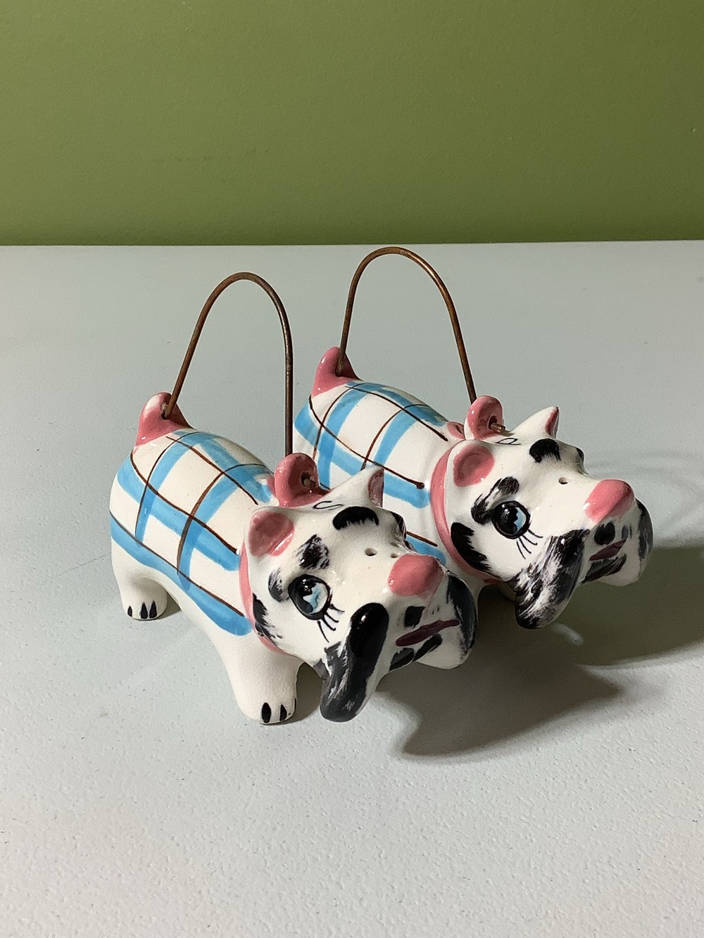 Vintage Schnauzers in plaid sweaters salt and pepper shaker set